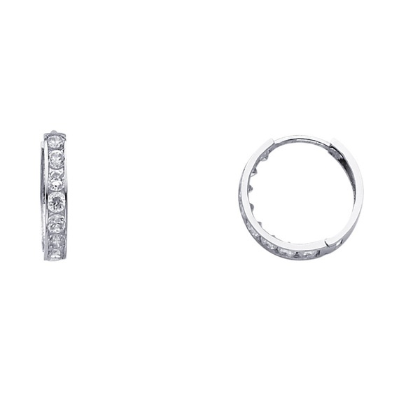 14K White Gold Round CZ Huggie Earrings 3mmx14mm